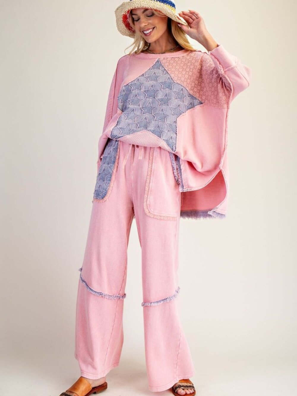 EASEL STAR PATCH MIX WASHED TERRY PANTS 100% COTTON